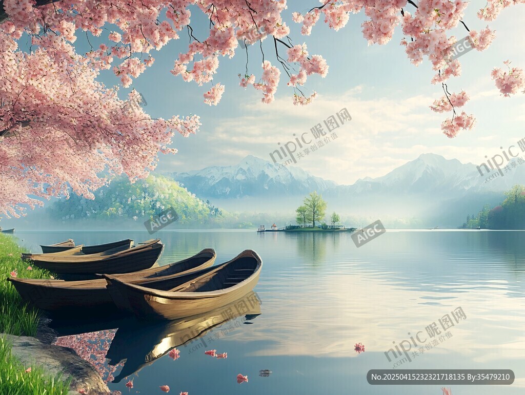 湖畔櫻花下的靜謐小船