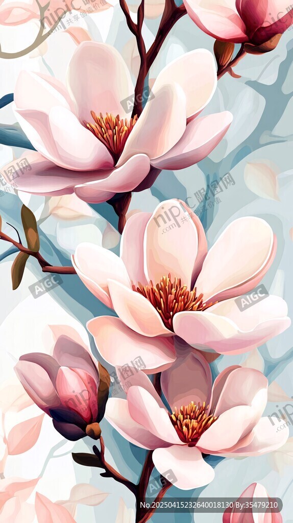 夢幻玉蘭花枝插畫