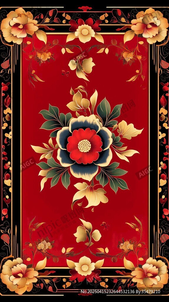 中式古典花卉紅底裝飾圖案
