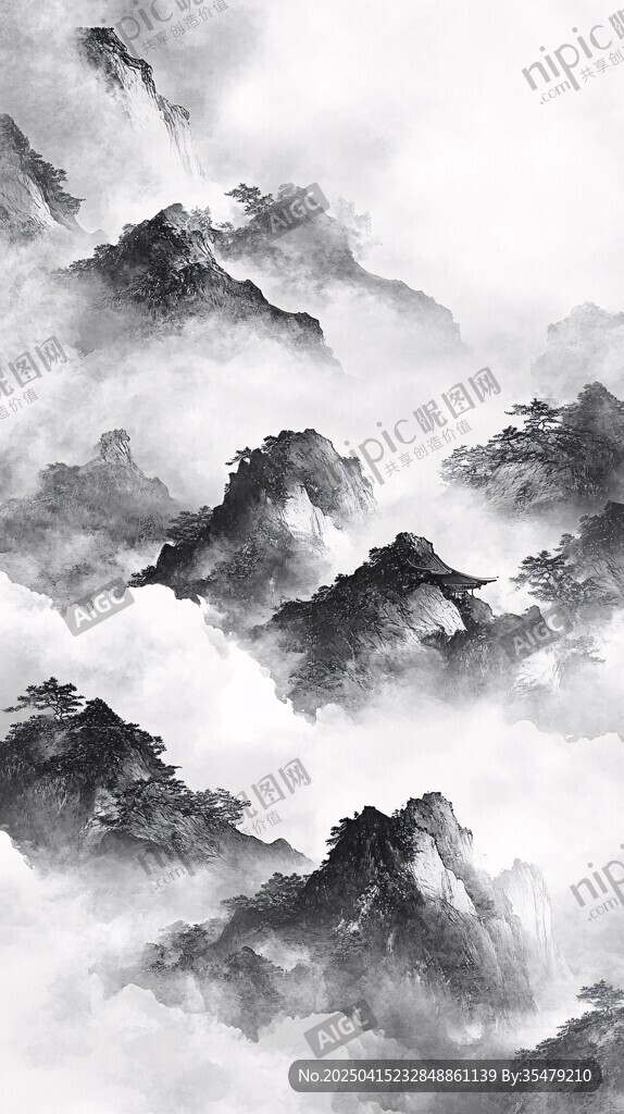 水墨山水云霧間意境圖