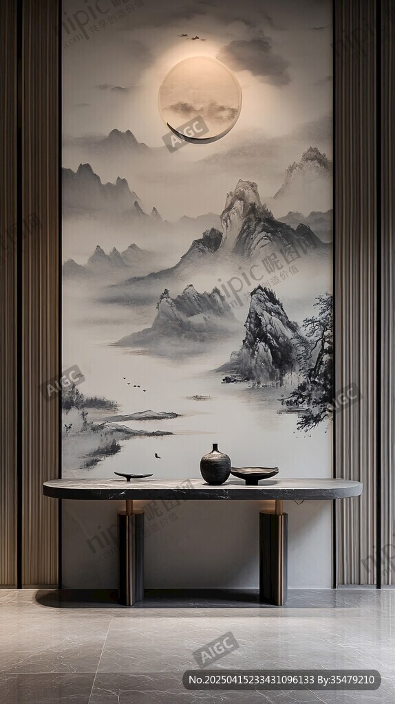 中式山水壁畫(huà)的雅致空間