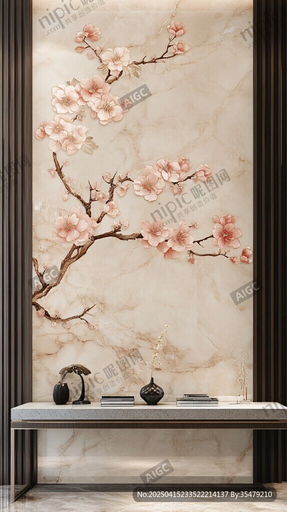 中式桃花壁畫玄關裝飾