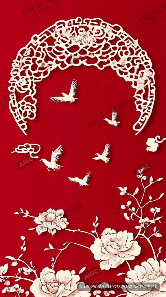 中式紅底花鳥傳統裝飾圖