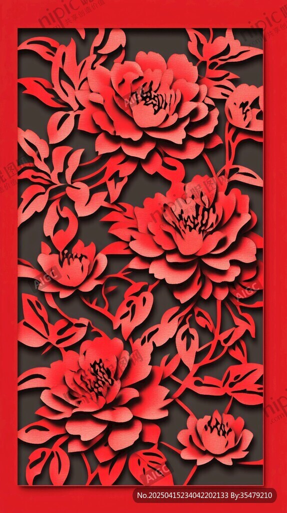 立體剪紙紅牡丹花卉圖