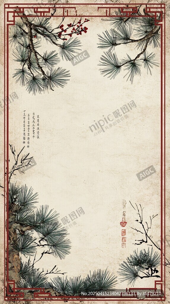 中式松枝邊框古風背景圖