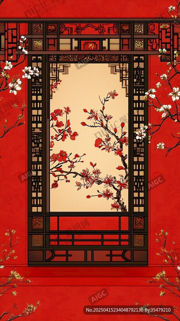 中式紅墻窗景梅花圖
