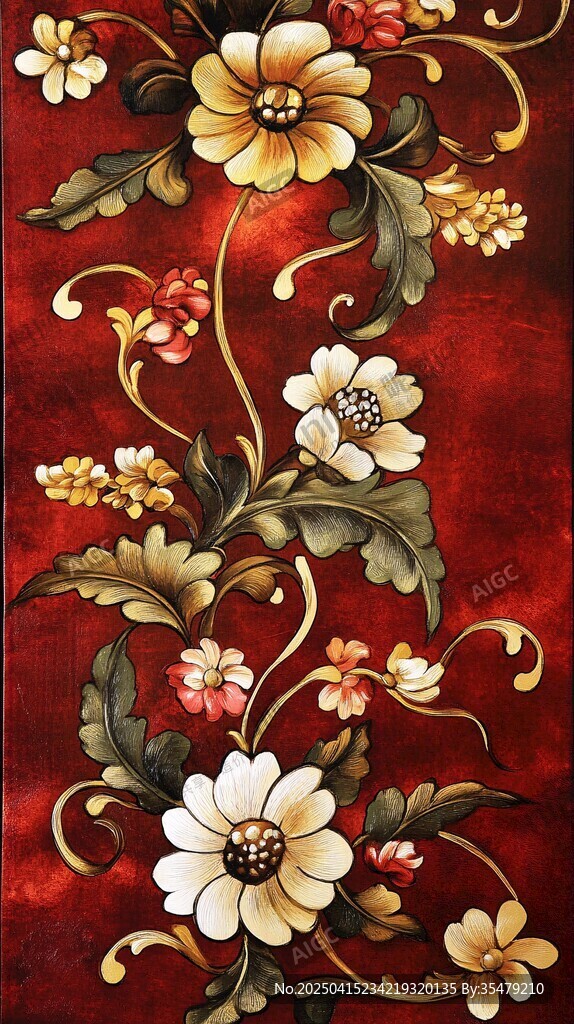 復(fù)古紅花綠葉花卉圖案