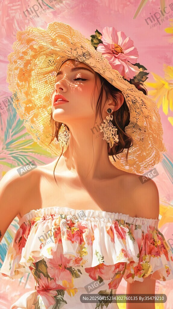 夏日風(fēng)情美人 花朵草帽裝扮