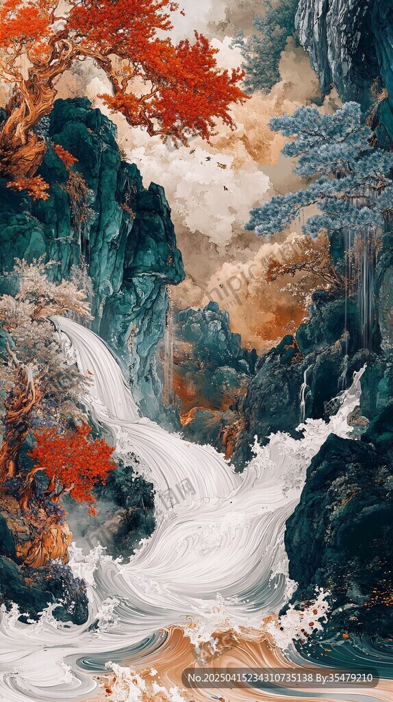 山水瀑布間的秋日盛景