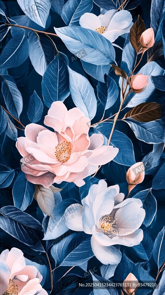 藍(lán)色背景下的柔美花卉圖案