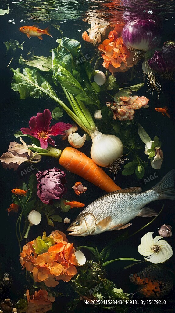 水下的蔬果與魚奇幻景象