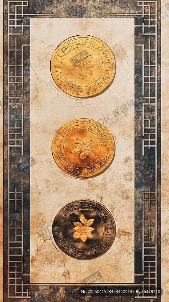 三枚花卉圖案古錢幣展示