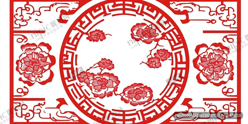 中式傳統牡丹剪紙圖案