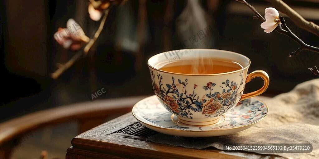 中式古風(fēng)瓷杯熱茶靜景