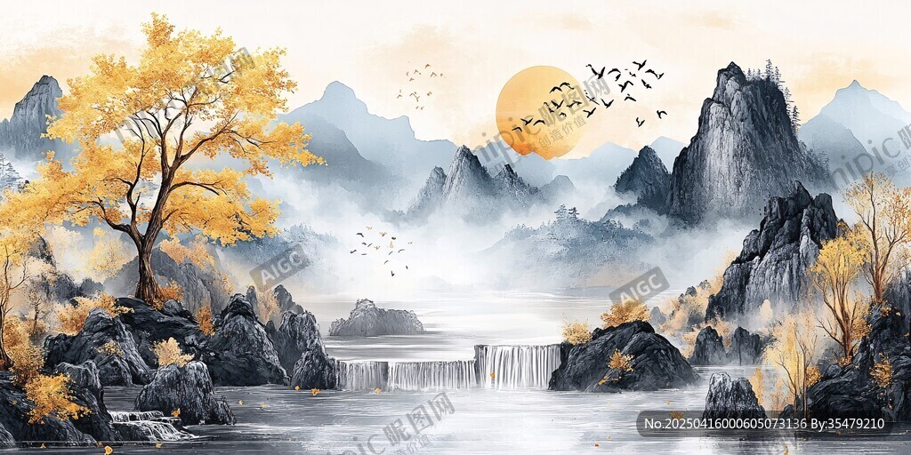 秋日山水間飛鳥落日景致