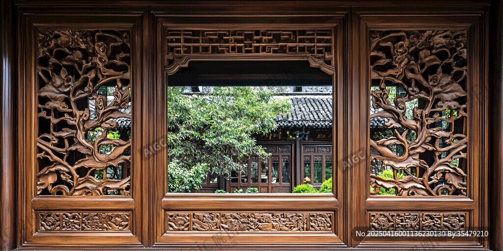 中式雕花門(mén)窗 庭院景致