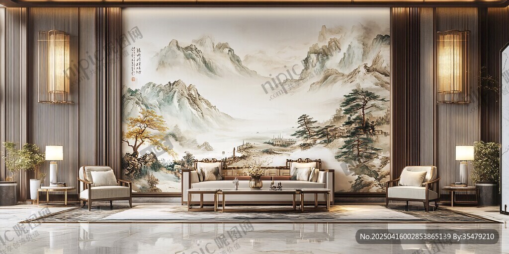 中式山水風(fēng)奢華客廳場景