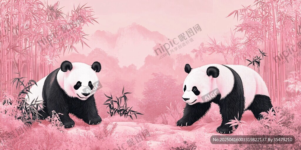 粉色竹林中的可愛大熊貓