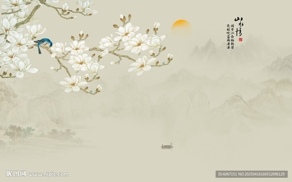 新中式蘭花工筆花鳥畫背景墻