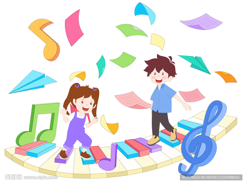 音樂課彩色鋼琴鍵盤音符樂譜插畫