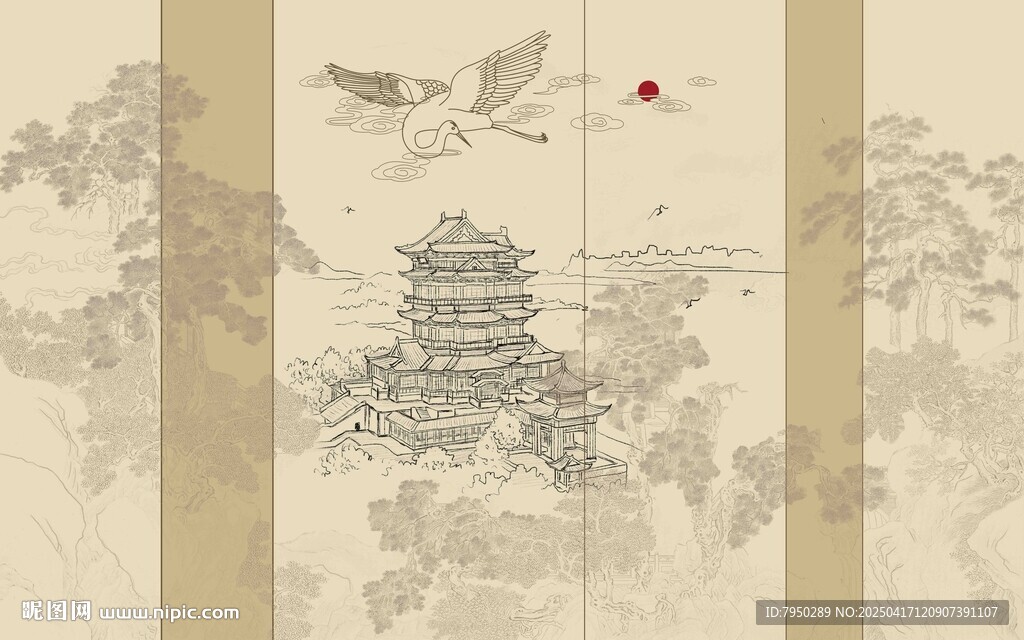 古風樓閣山水意境圖