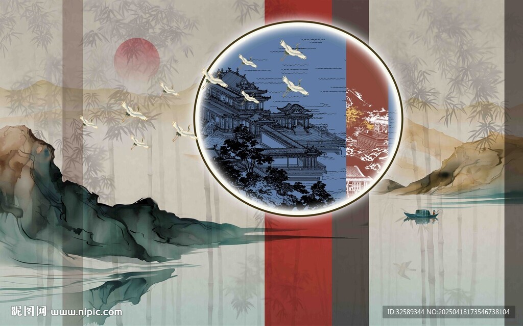 中式山水飛鳥意境背景墻