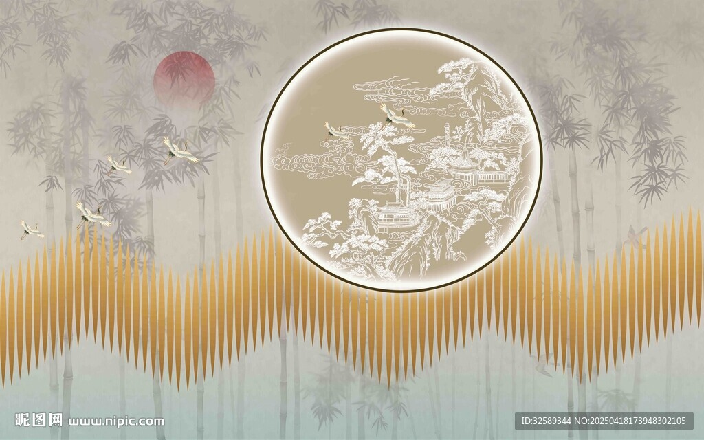 中式古風山水紋背景墻