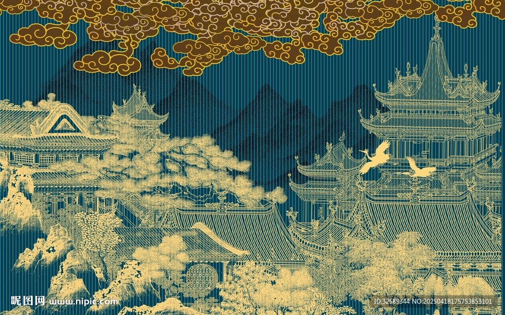 新中式古風(fēng)山水樓閣飛鳥圖