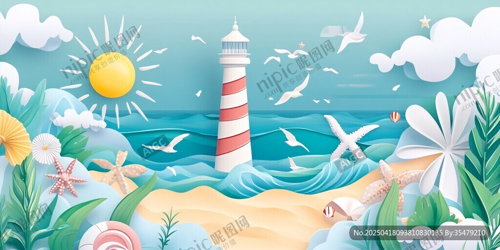 夏日海邊燈塔夢幻風(fēng)景