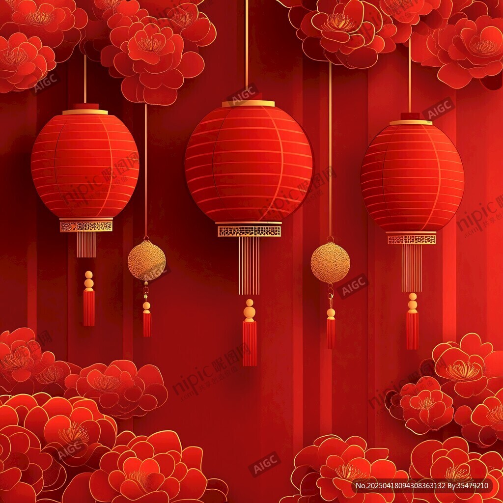 喜慶紅燈籠與繁花中式背景