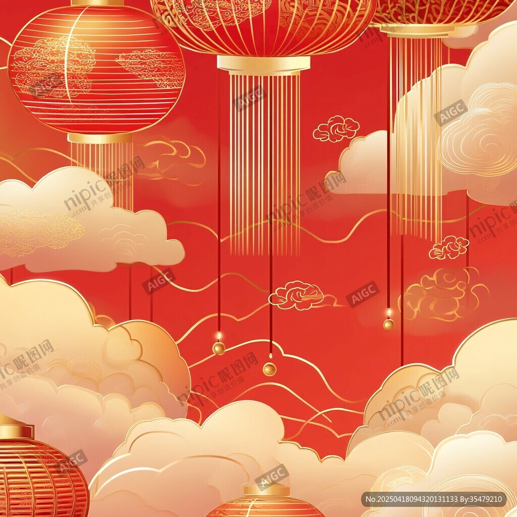 喜慶紅燈籠飄于祥云之間