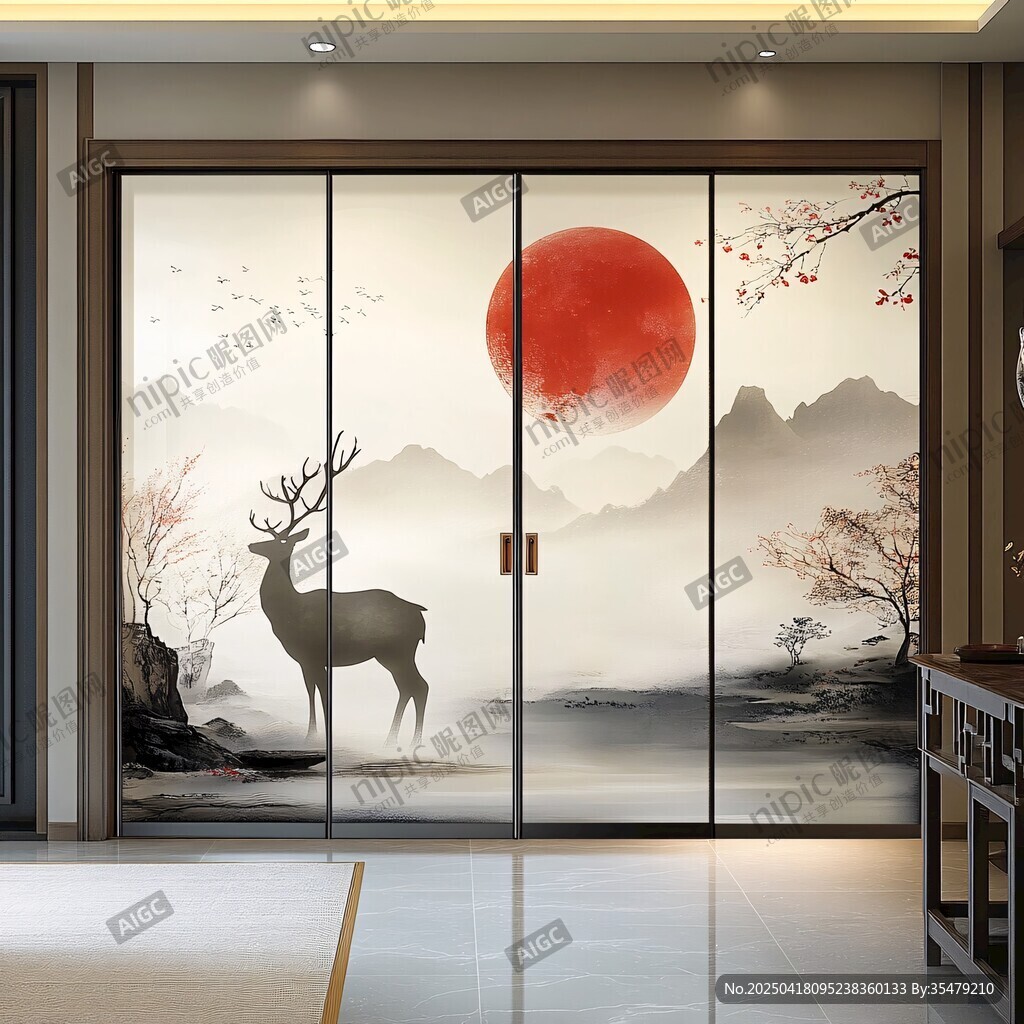 中式山水鹿影移門裝飾