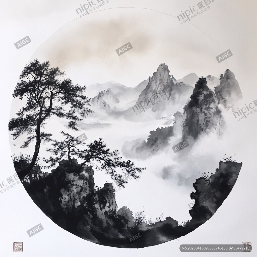 水墨山水圓景圖