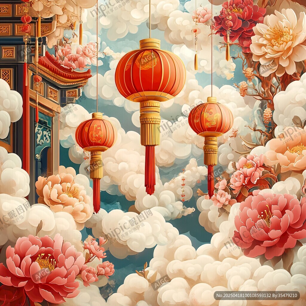 中式云間燈籠牡丹盛景