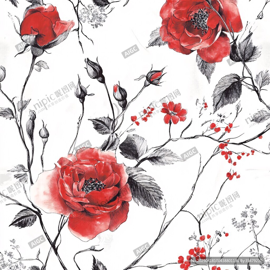 水墨風(fēng)紅玫瑰花卉圖案