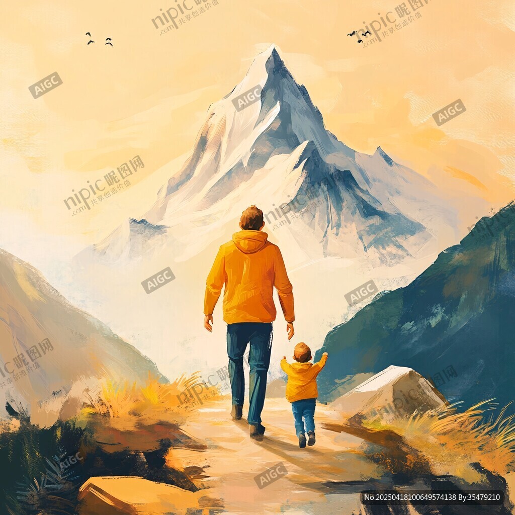 父親帶孩子漫步山間美景