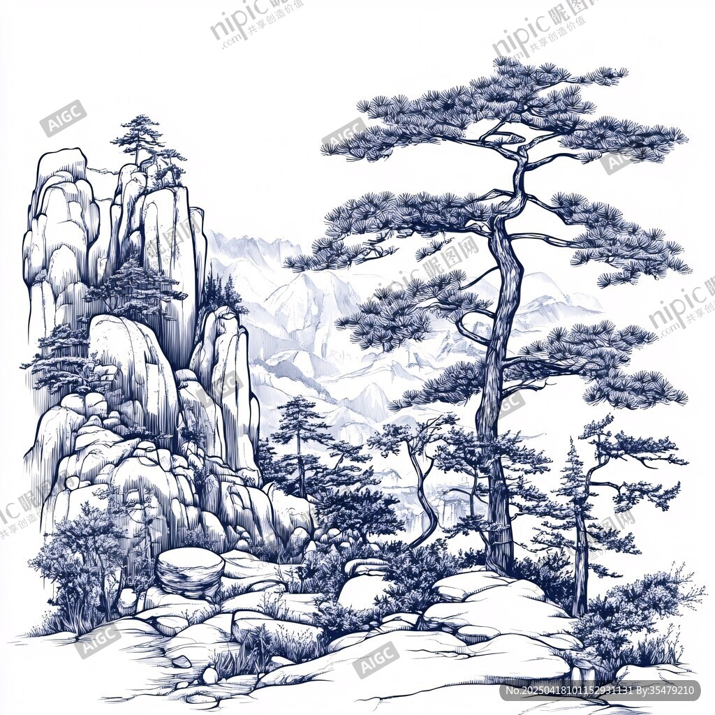 水墨山水松樹巖石景致圖