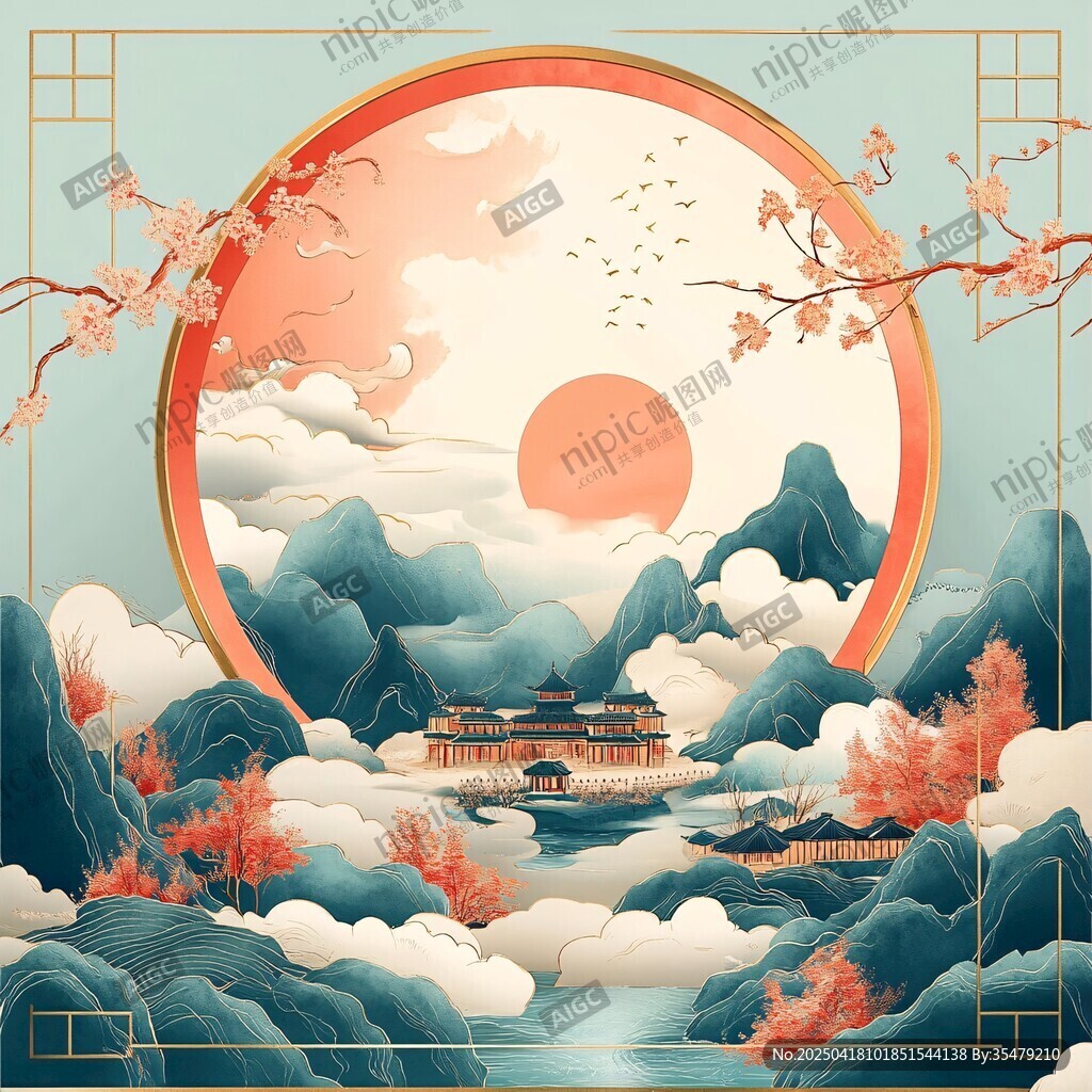 中式山水詩意國風美景圖