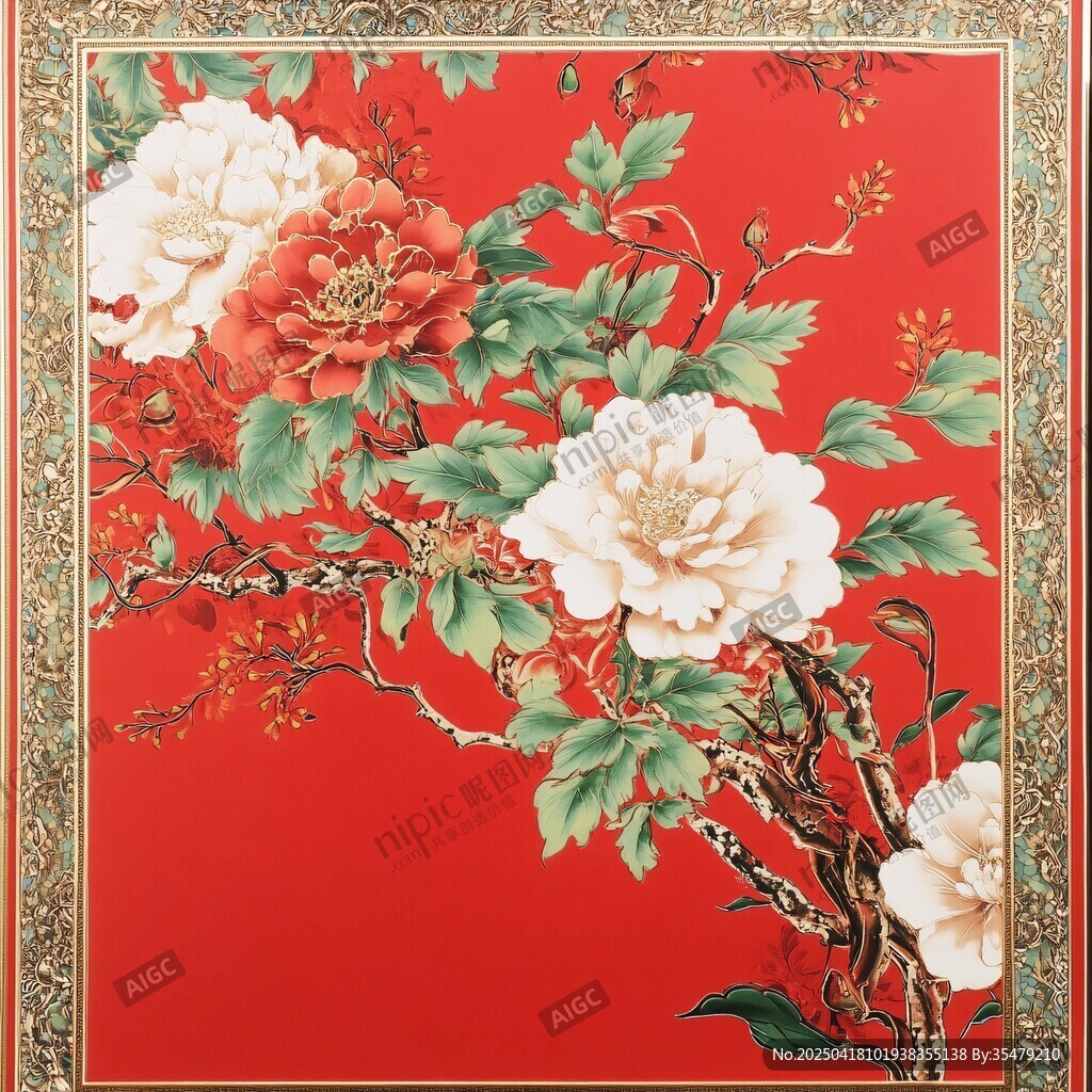 紅底牡丹花卉精美圖案
