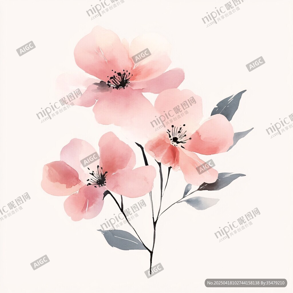淡粉花卉水彩畫藝術圖
