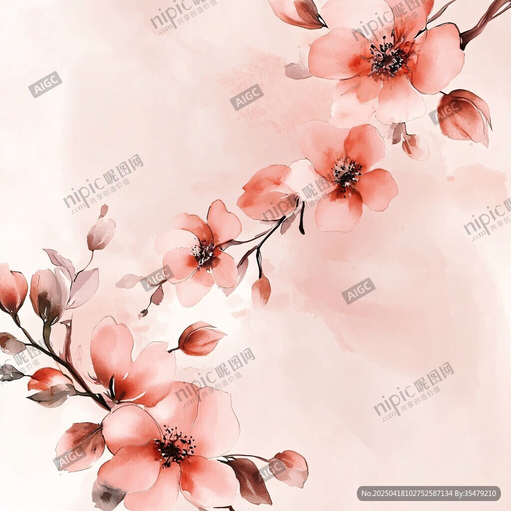 粉色水彩風綻放花枝圖