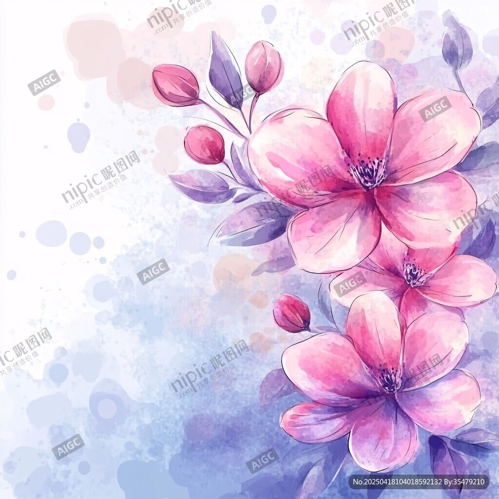 水彩繪粉色花卉浪漫畫面