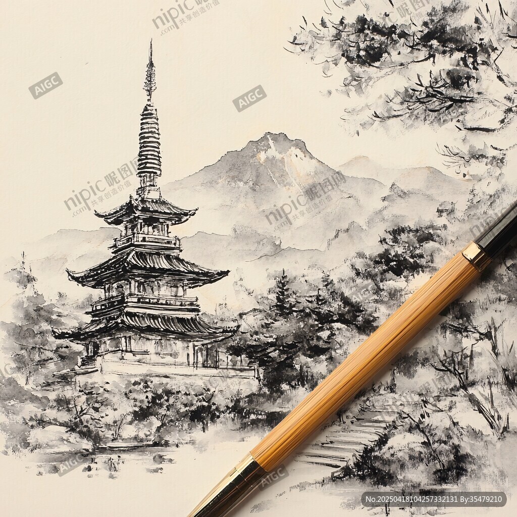 水墨古塔山水毛筆意境圖