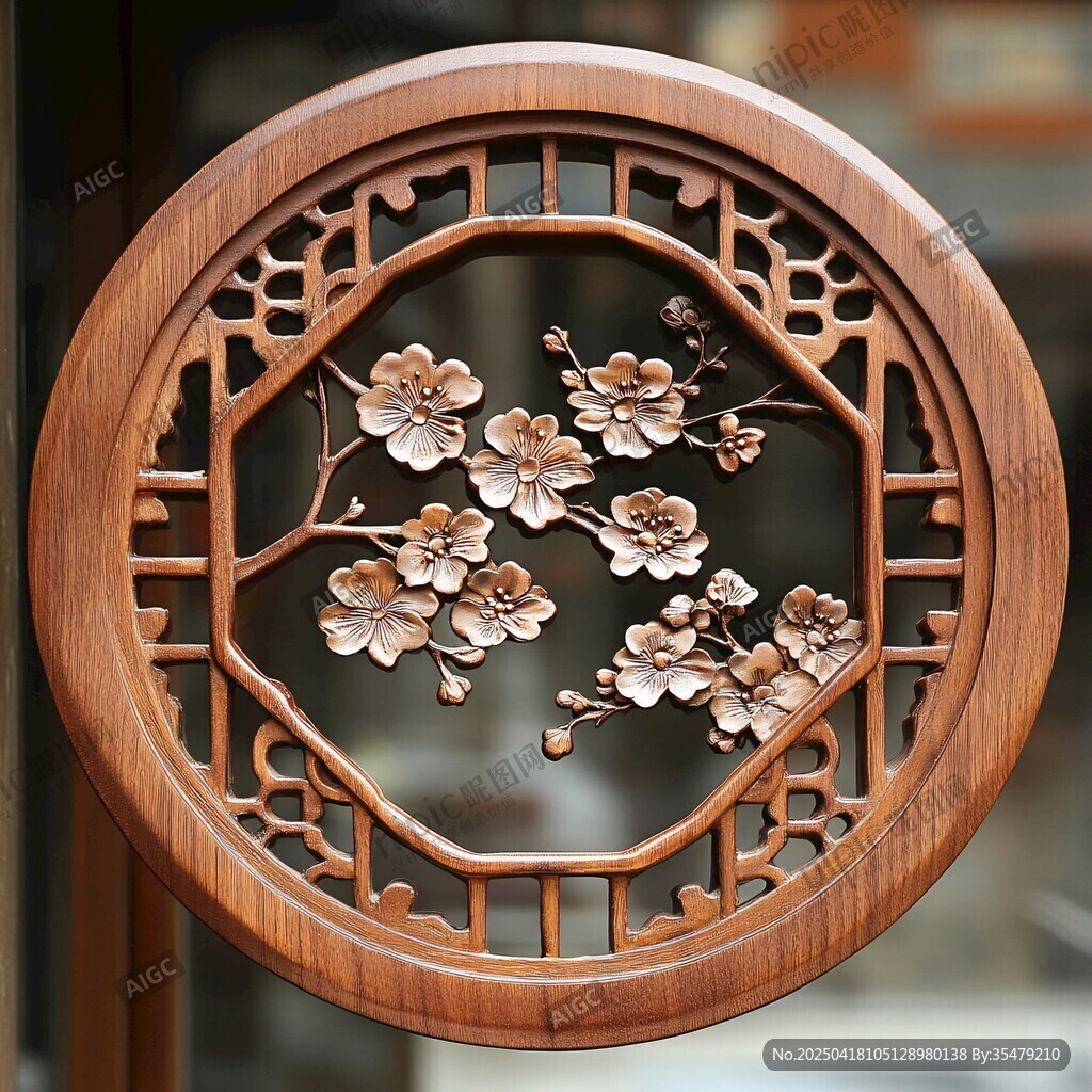 中式木雕梅花圓形窗飾