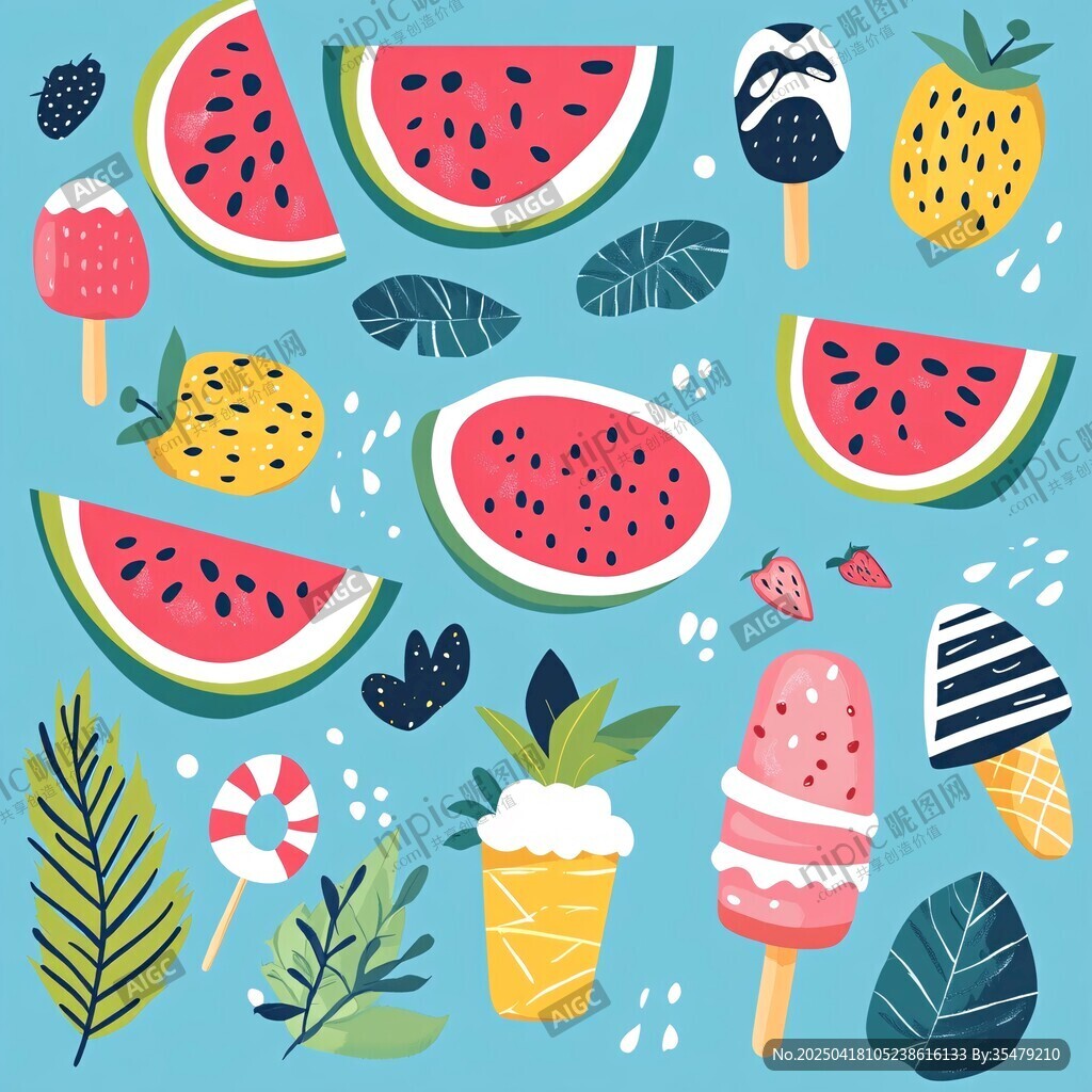 夏日清涼水果冰淇淋插畫