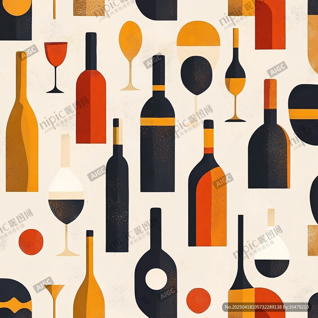 葡萄酒瓶與酒杯的幾何圖案