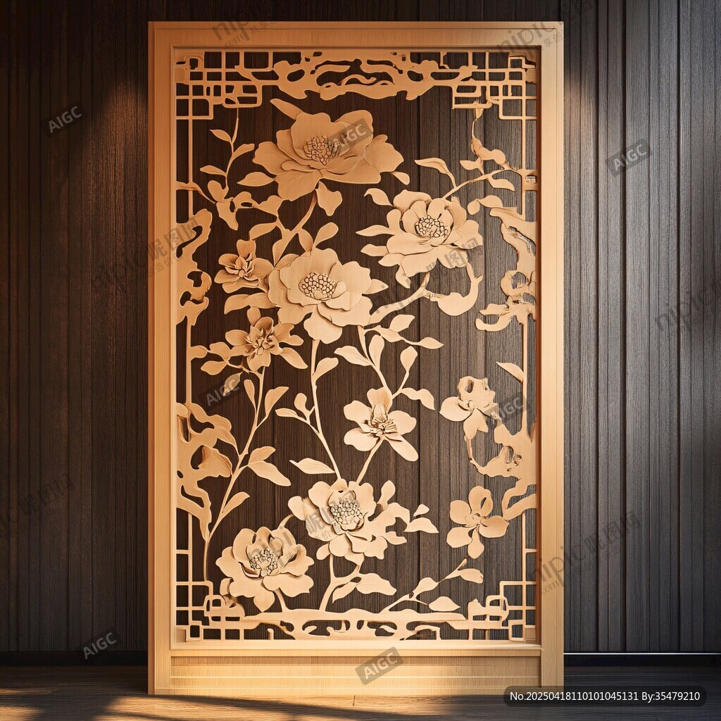 中式木雕花卉屏風(fēng)藝術(shù)品