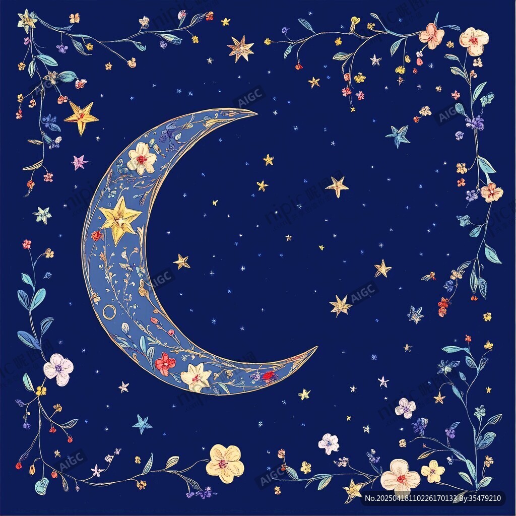 夢幻星月花卉插畫背景圖