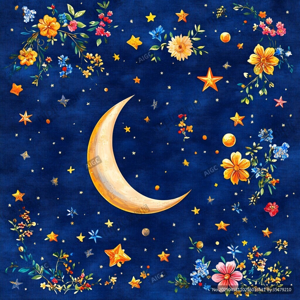 夢幻月夜花卉星空插畫