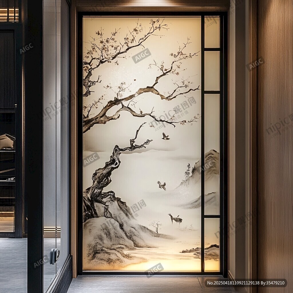 中式玄關(guān)處的花鳥(niǎo)山水屏風(fēng)